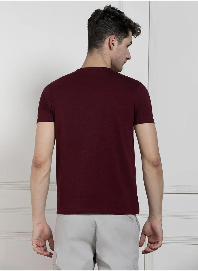Dennis Lingo Regular Fit Wine Cotton Henley Neck T-Shirt