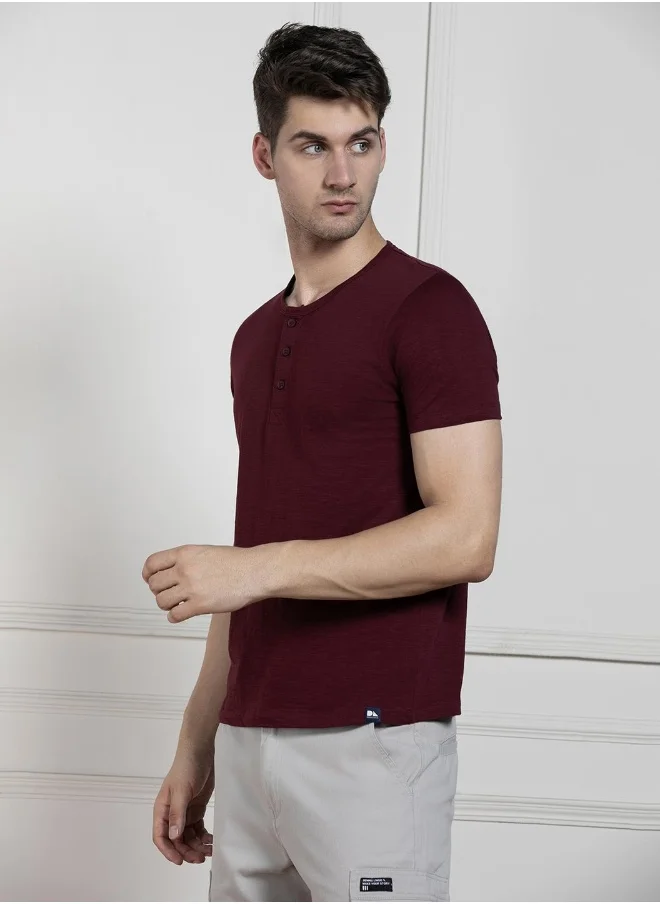 Dennis Lingo Regular Fit Wine Cotton Henley Neck T-Shirt