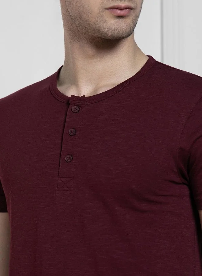 Dennis Lingo Regular Fit Wine Cotton Henley Neck T-Shirt