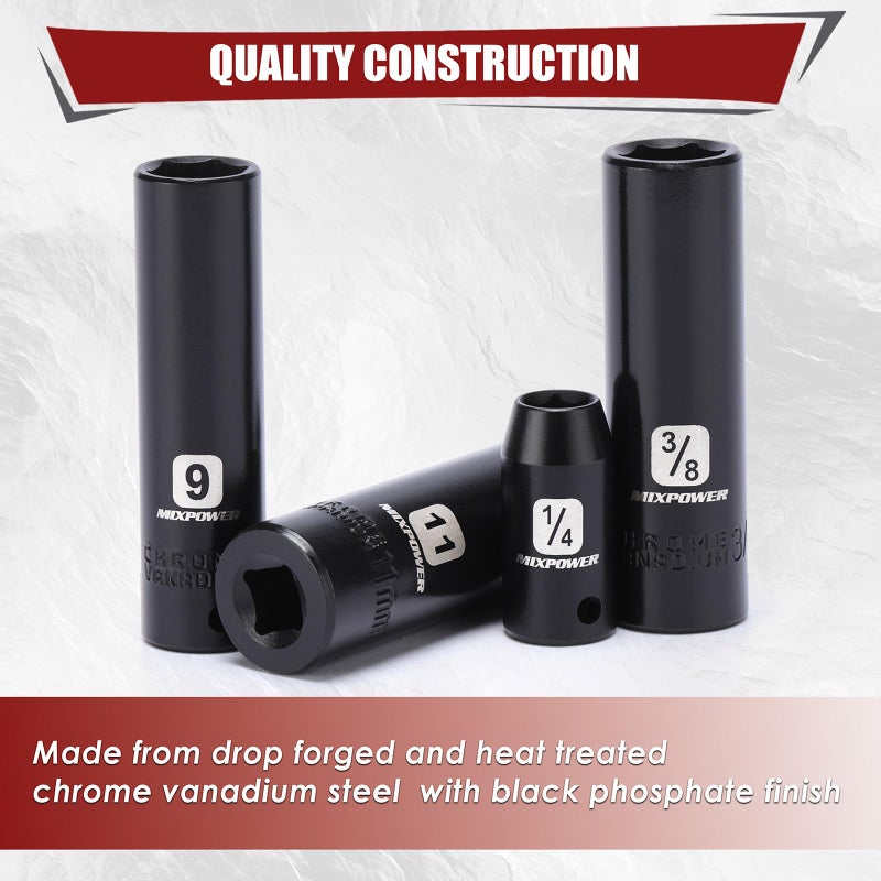 MIXPOWER 50 Pieces 1/4" Dr. Impact Socket Set, CR-V, 6 Point, SAE/Metric, 5/32 Inch - 9/16 Inch, 4mm - 15mm, Shallow/Deep - Image 3