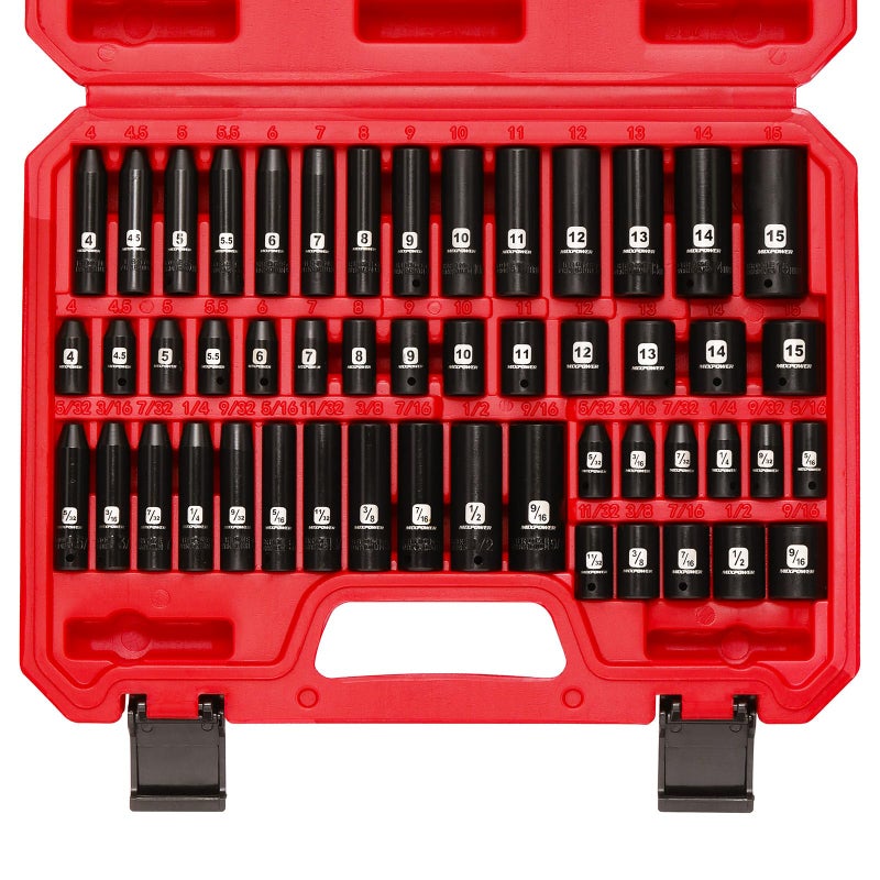 MIXPOWER 50 Pieces 1/4" Dr. Impact Socket Set, CR-V, 6 Point, SAE/Metric, 5/32 Inch - 9/16 Inch, 4mm - 15mm, Shallow/Deep - Image 1