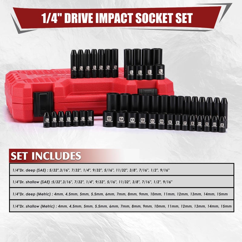 MIXPOWER 50 Pieces 1/4" Dr. Impact Socket Set, CR-V, 6 Point, SAE/Metric, 5/32 Inch - 9/16 Inch, 4mm - 15mm, Shallow/Deep - Image 2