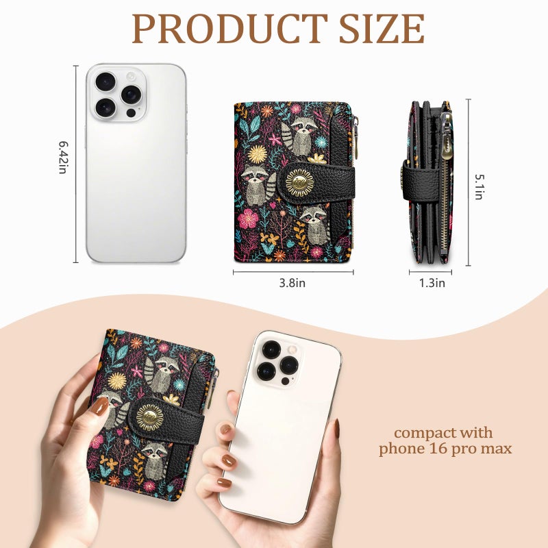 Icycay Raccoon Small Wallet Women RFID Blocking Bifold, Cute Credit Card Holder, Zipper Coin Pocket, PU Leather, Compact, Travel, 4 ID Window, 14 Card Slots, Cash Purse, Ladies Woman Female Girls - Image 4