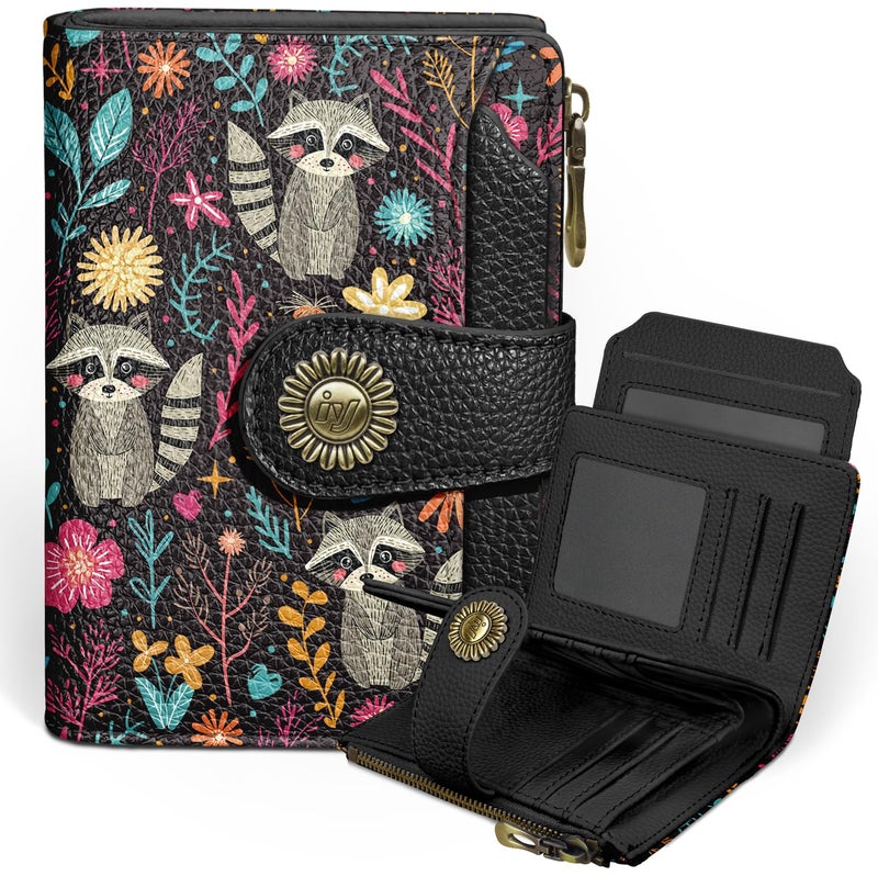 Icycay Raccoon Small Wallet Women RFID Blocking Bifold, Cute Credit Card Holder, Zipper Coin Pocket, PU Leather, Compact, Travel, 4 ID Window, 14 Card Slots, Cash Purse, Ladies Woman Female Girls - Image 1