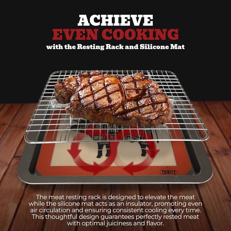Trinity Provisions Meat Resting Pan - With Wire Rack and Silicone Baking Mat - Dishwasher and Oven Safe Stainless Steel, for Cooking and Cooling Steak, BBQ, Bacon, & More - Image 4