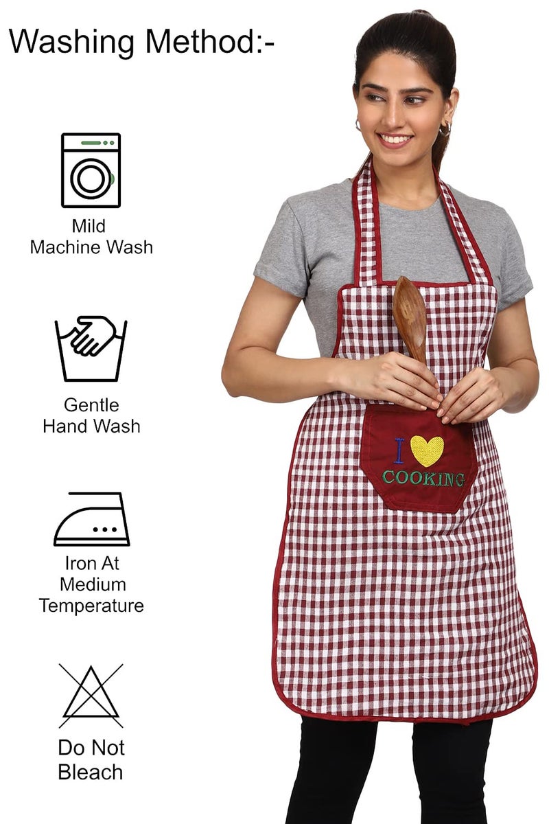 JMi Cotton Checkered Design Waterproof Apron with Multipurpose Front Large Embroidered Pocket Pack of 2 (YELLOW MAROON) - Image 3