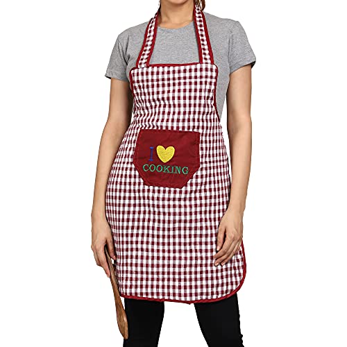 JMi Cotton Checkered Design Waterproof Apron with Multipurpose Front Large Embroidered Pocket Pack of 2 (YELLOW MAROON) - Image 4
