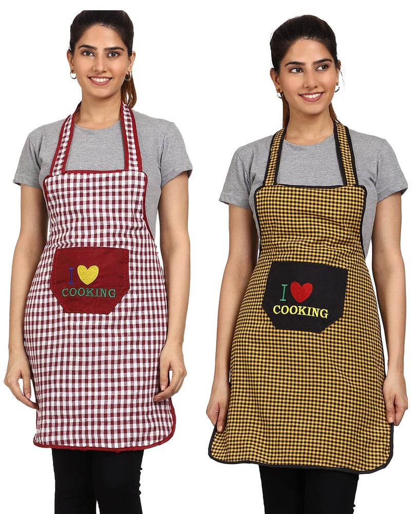 JMi Cotton Checkered Design Waterproof Apron with Multipurpose Front Large Embroidered Pocket Pack of 2 (YELLOW MAROON) - Image 1