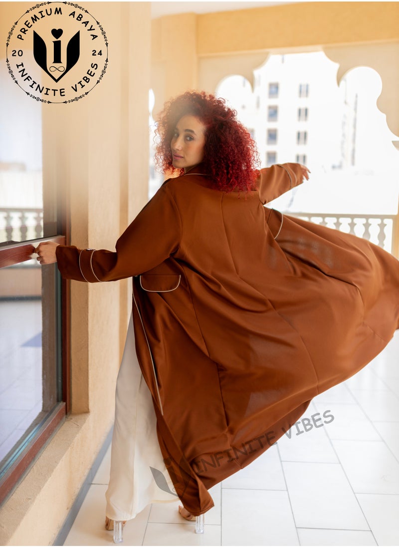 INFINITE VIBES - Russet Brown Abaya with Button Detailing & Exquisite Embellishments (Matching Sheila Included) - Image 1