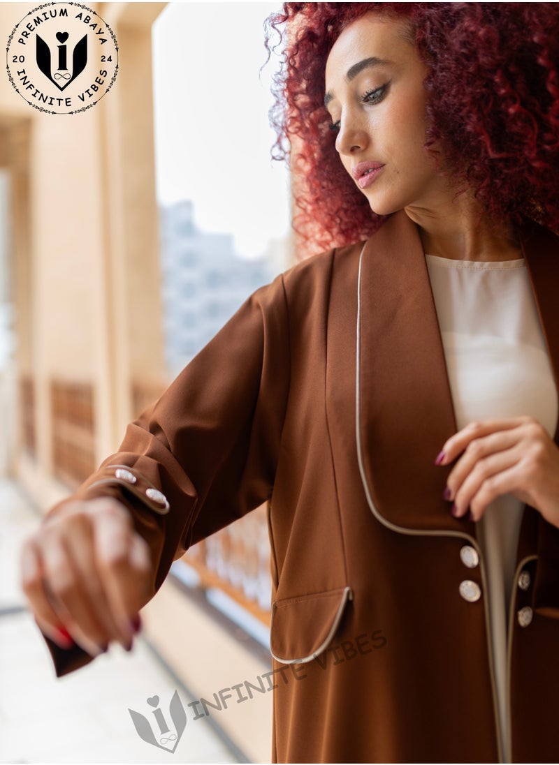 INFINITE VIBES - Russet Brown Abaya with Button Detailing & Exquisite Embellishments (Matching Sheila Included) - Image 1