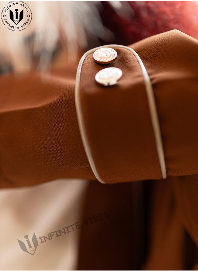 INFINITE VIBES - Russet Brown Abaya with Button Detailing & Exquisite Embellishments (Matching Sheila Included) - Image 1