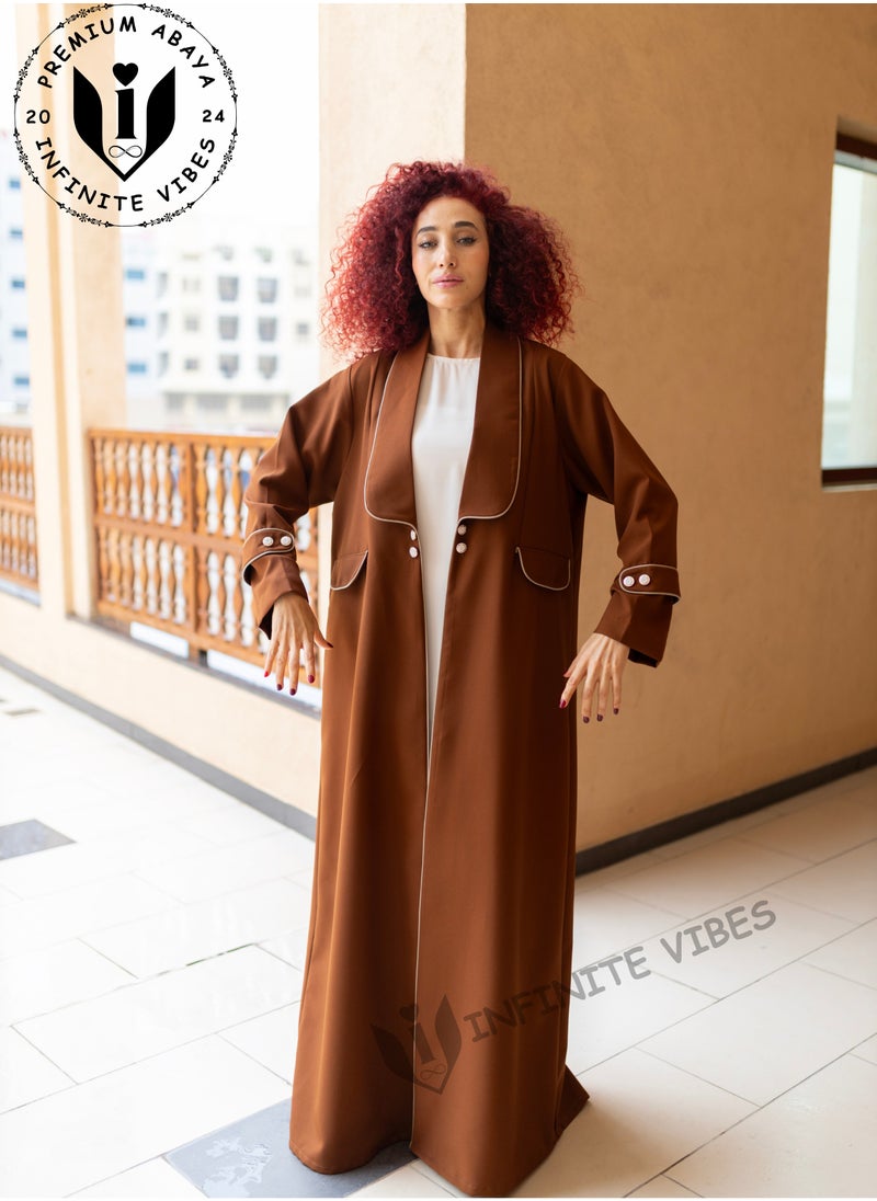 INFINITE VIBES - Russet Brown Abaya with Button Detailing & Exquisite Embellishments (Matching Sheila Included) - Image 1
