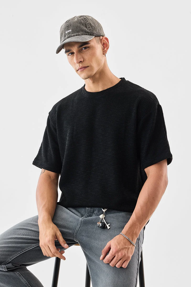 سنيتش Black Textured Half Sleeve Oversized T-Shirt