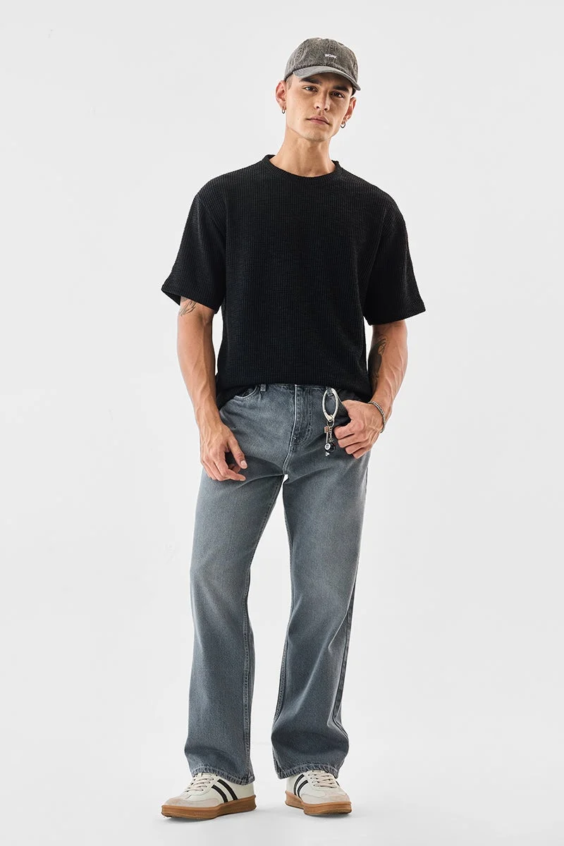 SNITCH Black Textured Half Sleeve Oversized T-Shirt