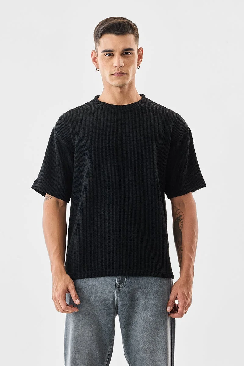 SNITCH Black Textured Half Sleeve Oversized T-Shirt