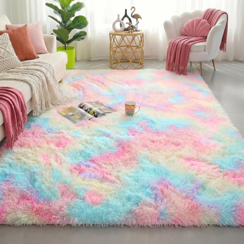 Amdrebio Rainbow Runner Rug for Girls Bedroom, Unicorn Room Decor, Pastel Area Carpet for Kids, Shag for Nursery, Soft Play Mat for Baby, Fuzzy Living Room Rug, Plush Playroom Throw 3x5 - Image 1
