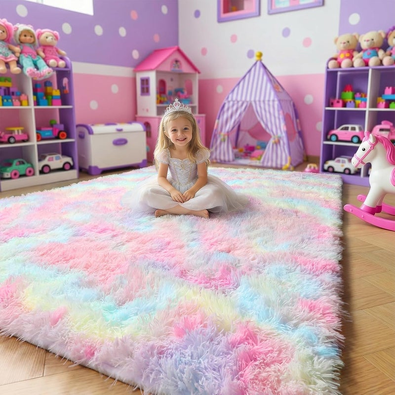 Amdrebio Rainbow Runner Rug for Girls Bedroom, Unicorn Room Decor, Pastel Area Carpet for Kids, Shag for Nursery, Soft Play Mat for Baby, Fuzzy Living Room Rug, Plush Playroom Throw 3x5 - Image 5