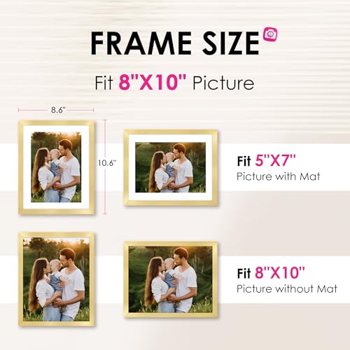 FIXSMITH 8x10 Picture Frame Set of 2, Gold Picture Frames Collage for Tabletop or Wall Display, Photo Frame with HD Plexiglass, Display Pictures 5x7 with Mat or 8x10 Without Mat - Image 2
