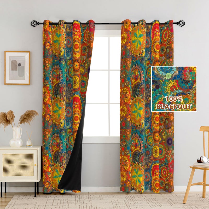 Weesire Boho Blackout Curtains for Bedroom & Living Room, 2 Panels, 100% Blackout, Colorful Bohemian Hippie Pattern, Multicolor Funky Abstract, Classic Modern Rustic, 52x84 Inches - Image 3