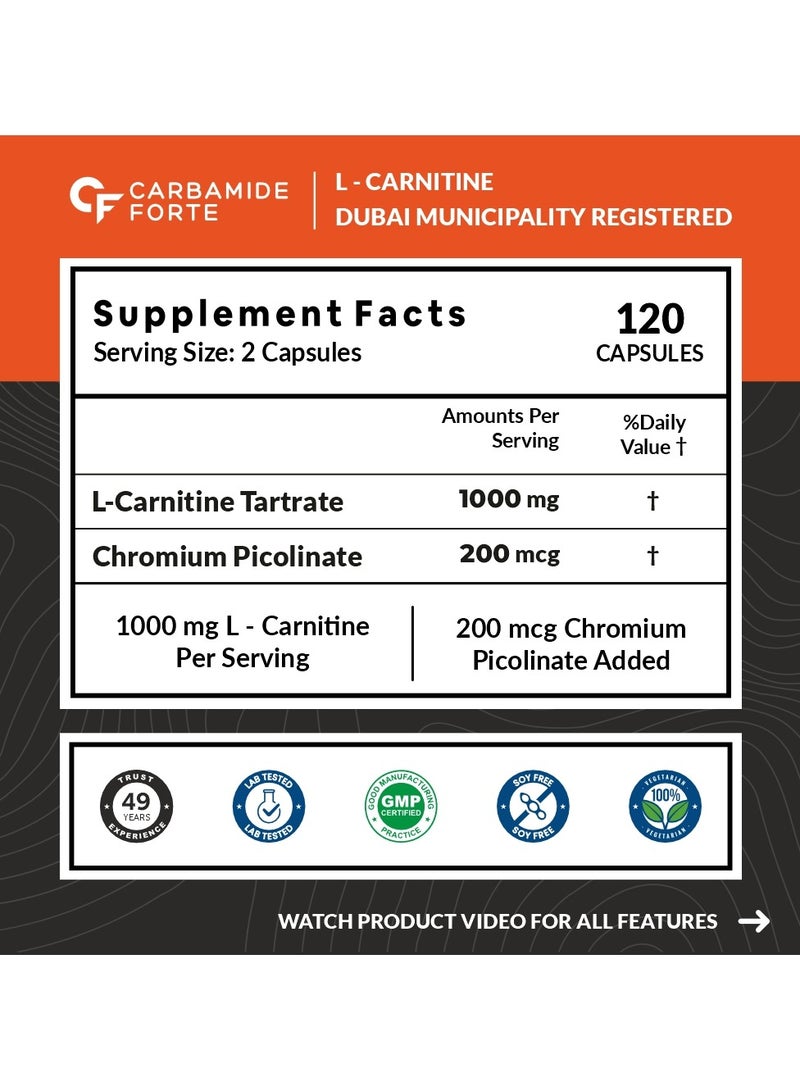 Carbamide Forte L-Carnitine L-Tartrate 1000mg Capsules for Men & Women | Pre Workout Supplement - 120 Veg Capsules - Image 2