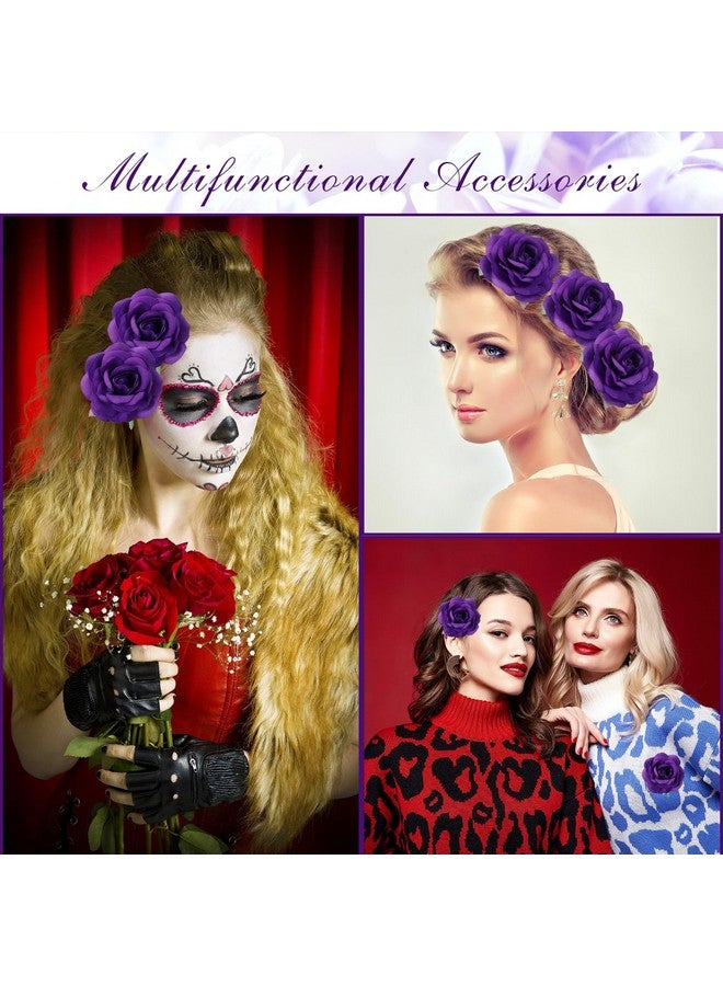 Yilloog 12 Pack Rose Hair Clip Flower 2.8'' Hairpin Floral Brooch Floral Hair Clips Mexican Hair Flowers Hairpin Party Supplies For Women Rose Hair Accessories Wedding Pack(Dark Purple) - Image 3