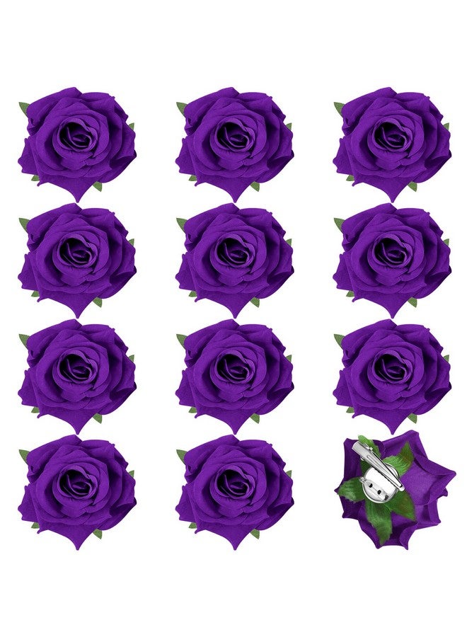 Yilloog 12 Pack Rose Hair Clip Flower 2.8'' Hairpin Floral Brooch Floral Hair Clips Mexican Hair Flowers Hairpin Party Supplies For Women Rose Hair Accessories Wedding Pack(Dark Purple) - Image 1