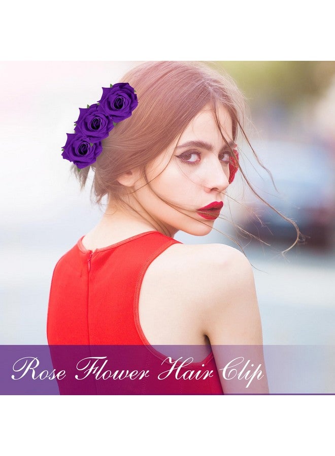 Yilloog 12 Pack Rose Hair Clip Flower 2.8'' Hairpin Floral Brooch Floral Hair Clips Mexican Hair Flowers Hairpin Party Supplies For Women Rose Hair Accessories Wedding Pack(Dark Purple) - Image 4