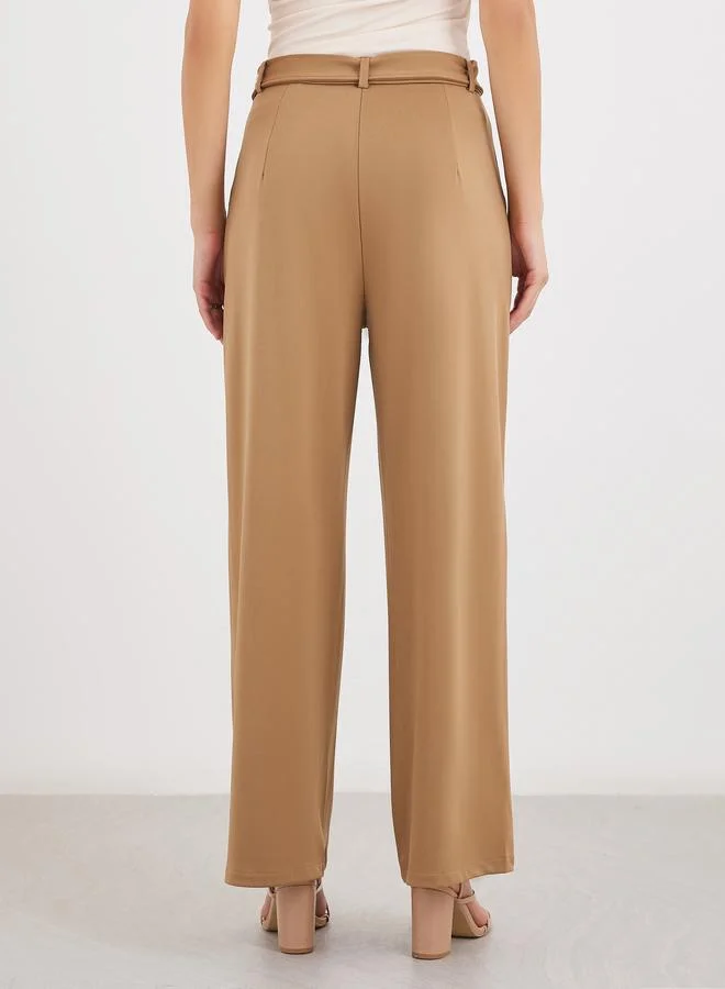 Styli Styli Women Brown Wide Leg Trousers with Pintuck Detail