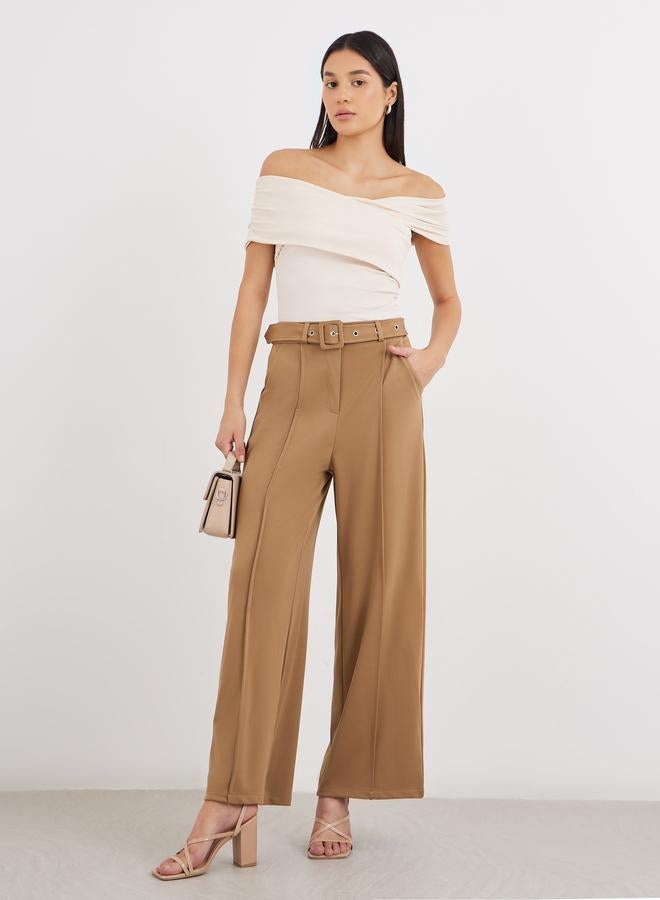 ستايلي سراويل نسائية واسعة الساق بلون بني مع تفاصيل ثنيات من ستايلي - Image 1