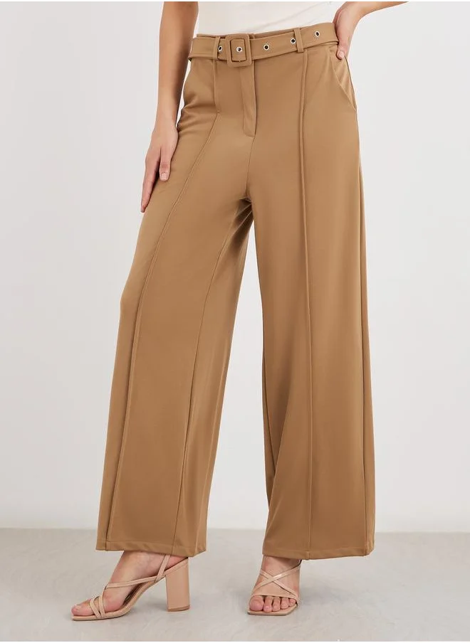 ستايلي Styli Women Brown Wide Leg Trousers with Pintuck Detail