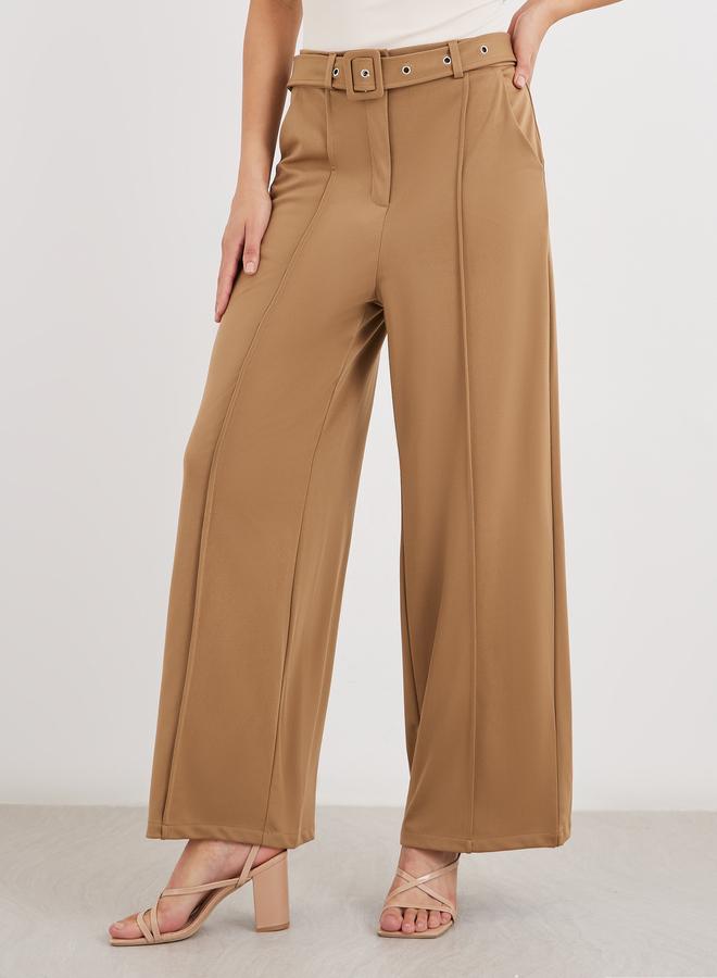 ستايلي سراويل نسائية واسعة الساق بلون بني مع تفاصيل ثنيات من ستايلي - Image 2