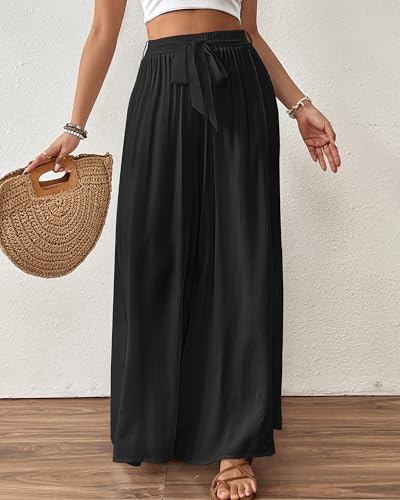 Bsubseach Wide Leg Pants Woman Flowy Floral Palazzo Pants for Women High Waisted Summer Casual Trousers Cruise Outfits Black XS - Image 2