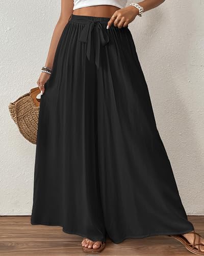 Bsubseach Wide Leg Pants Woman Flowy Floral Palazzo Pants for Women High Waisted Summer Casual Trousers Cruise Outfits Black XS - Image 4
