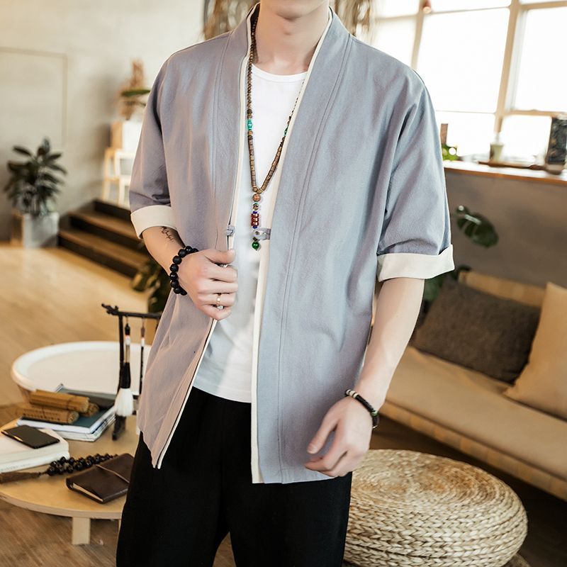 Loose Linen Hanfu Cardigan Chinese Zen Robe for Men Black