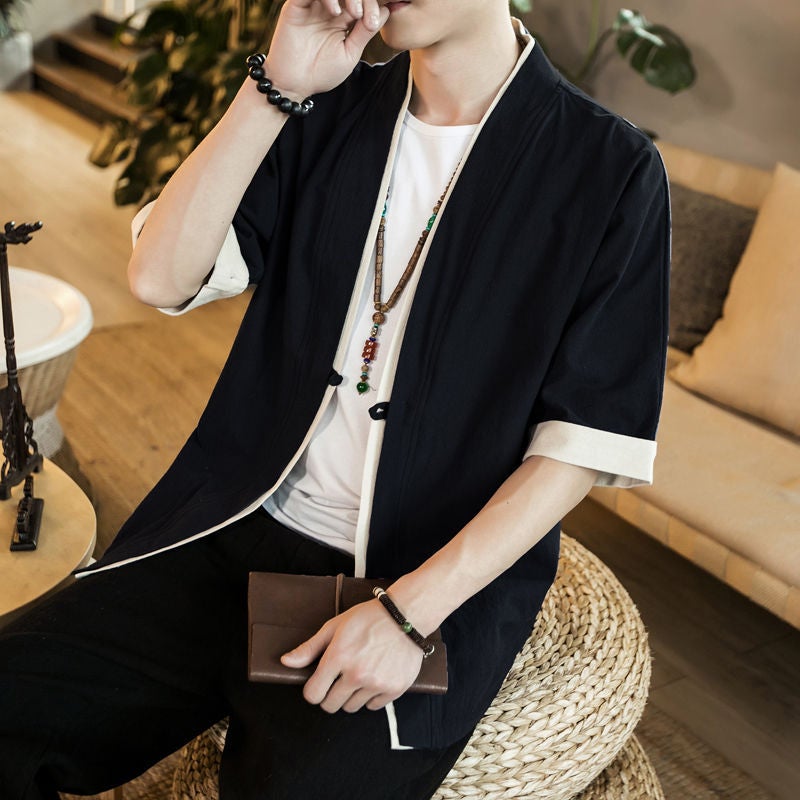 Loose Linen Hanfu Cardigan Chinese Zen Robe for Men Black