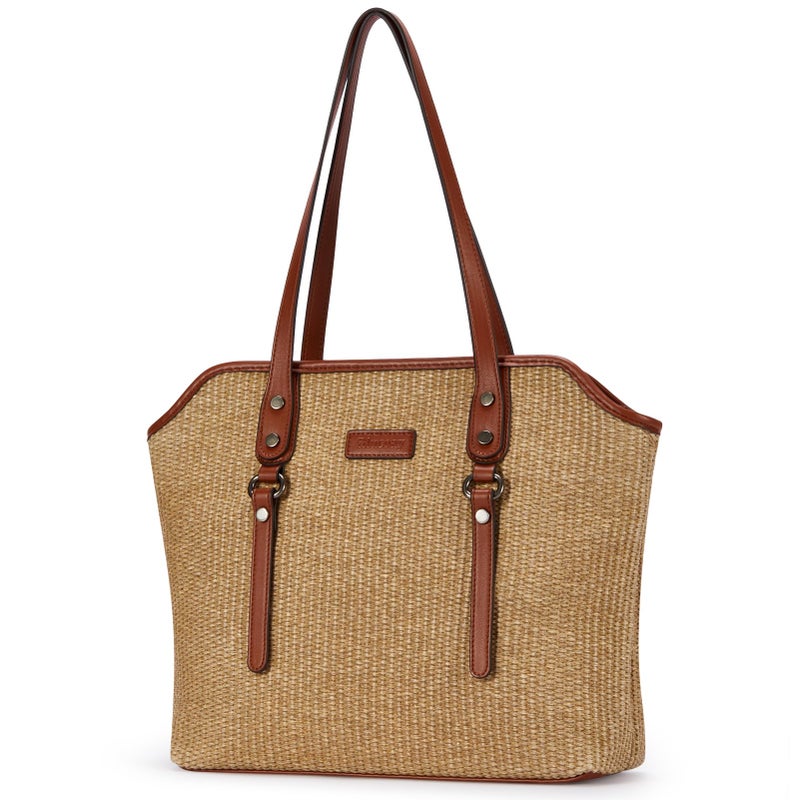 Blucoay Straw Tote Bag for Women,Tote Purses for Women With Zip Pockets,Summer Beach Bags Straw Shoulder Handbags for Daily Travel Shopping,Work(apricotbrown) - Image 1