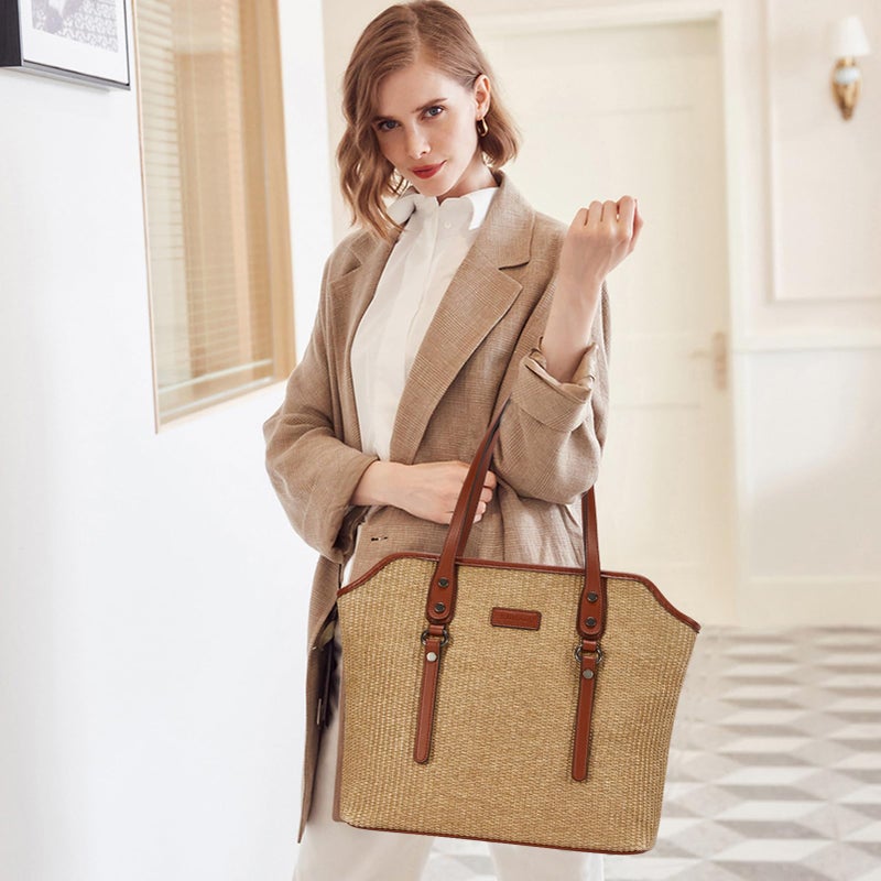 Blucoay Straw Tote Bag for Women,Tote Purses for Women With Zip Pockets,Summer Beach Bags Straw Shoulder Handbags for Daily Travel Shopping,Work(apricotbrown) - Image 2