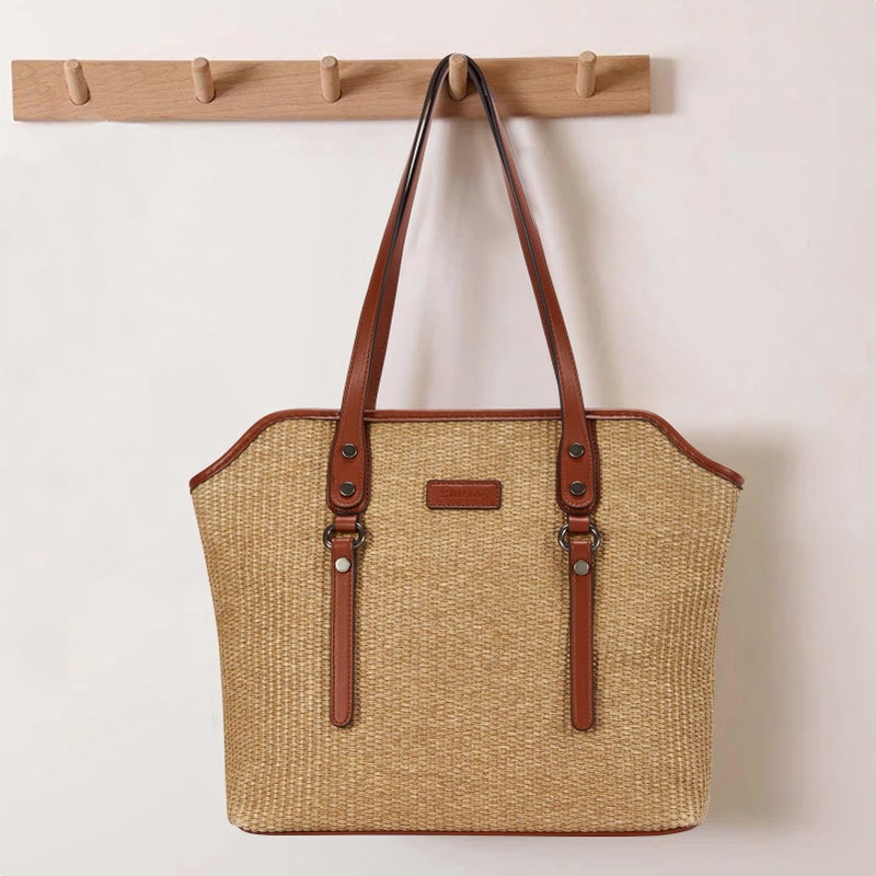 Blucoay Straw Tote Bag for Women,Tote Purses for Women With Zip Pockets,Summer Beach Bags Straw Shoulder Handbags for Daily Travel Shopping,Work(apricotbrown) - Image 3