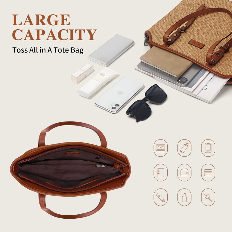 Blucoay Straw Tote Bag for Women,Tote Purses for Women With Zip Pockets,Summer Beach Bags Straw Shoulder Handbags for Daily Travel Shopping,Work(apricotbrown) - Image 5