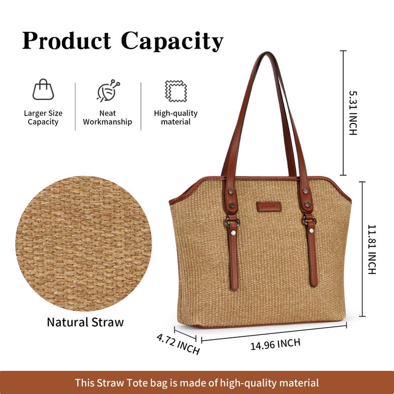 Blucoay Straw Tote Bag for Women,Tote Purses for Women With Zip Pockets,Summer Beach Bags Straw Shoulder Handbags for Daily Travel Shopping,Work(apricotbrown) - Image 4