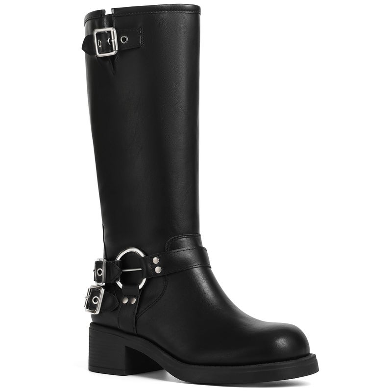 AMINUGAL Black Knee High Boots Women Square Toe Pull On Wide Calf Riding Fashion Buckles Chunky Metallic Casual Vintage Buckle Rivet Size 8 - Image 1