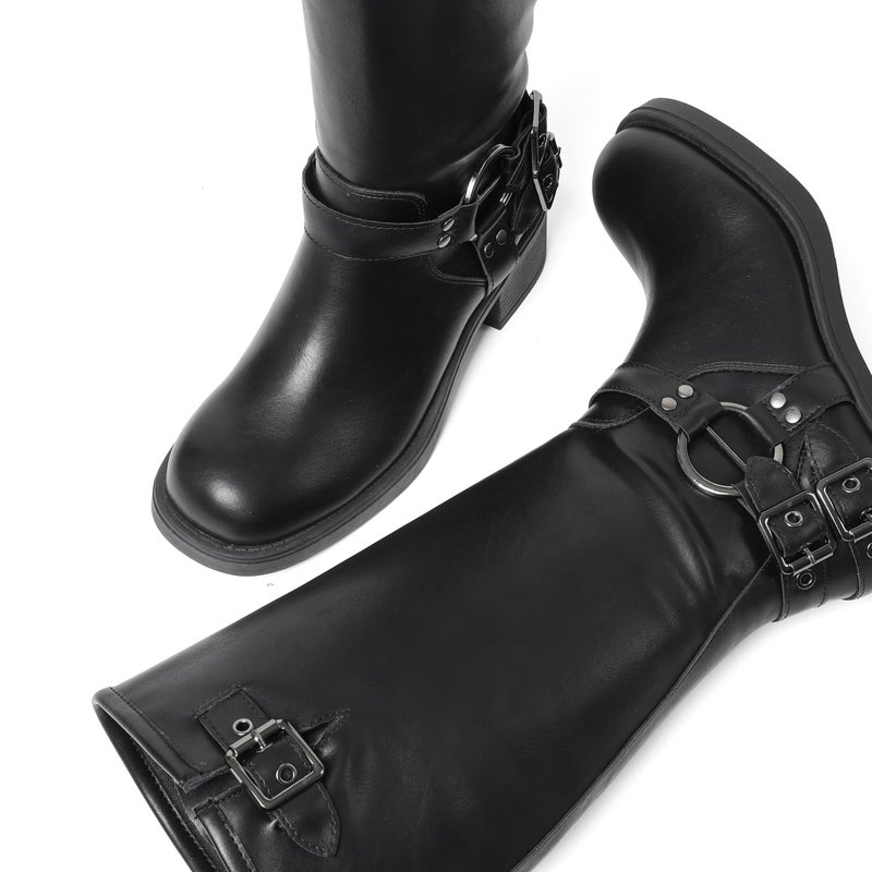 AMINUGAL Black Knee High Boots Women Square Toe Pull On Wide Calf Riding Fashion Buckles Chunky Metallic Casual Vintage Buckle Rivet Size 8 - Image 5