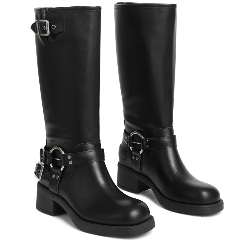 AMINUGAL Black Knee High Boots Women Square Toe Pull On Wide Calf Riding Fashion Buckles Chunky Metallic Casual Vintage Buckle Rivet Size 8 - Image 4