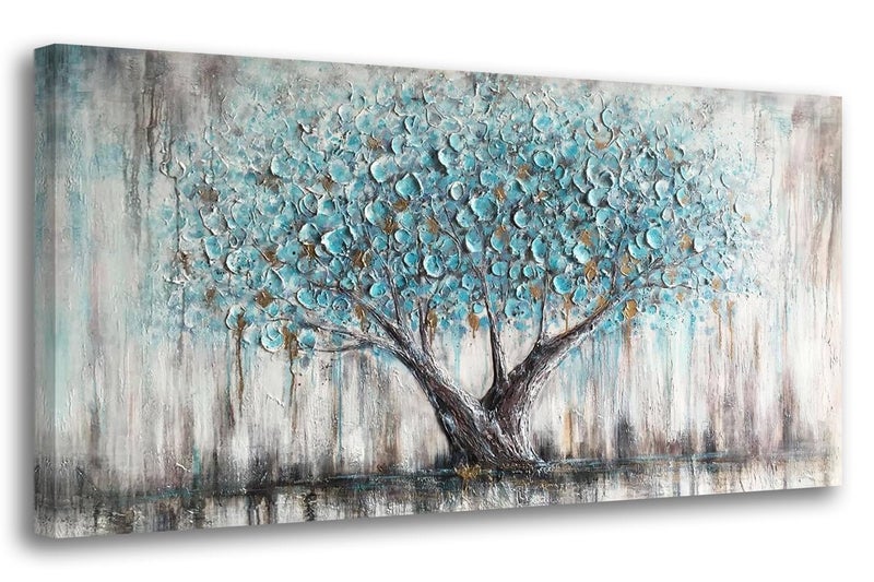 Arjun Tree of Life Wall Art Canvas for Living Room Blue Tree Nature Teal Painting, 50% Hand Painted Textured Picture Bedroom Panoramic Landscape Artwork Framed Home Office Decor 40"x20" - Image 1