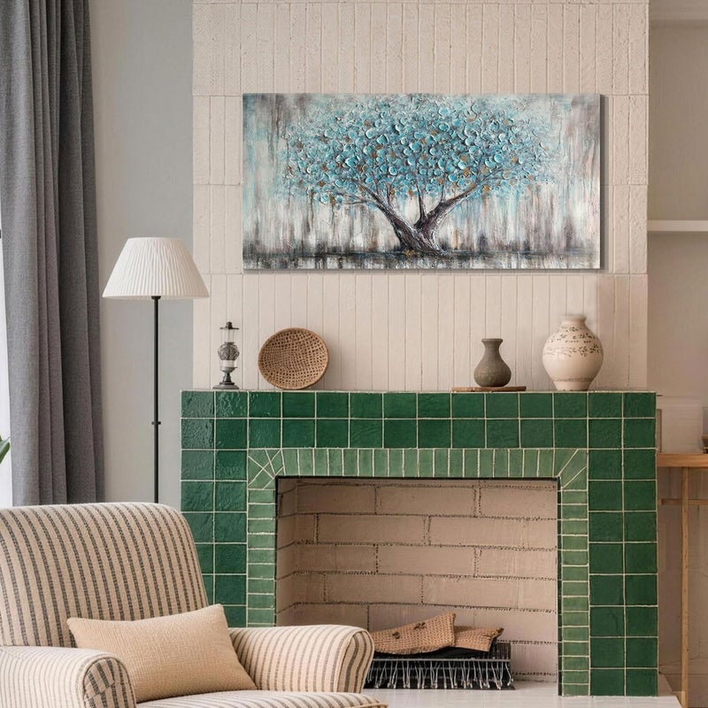 Arjun Tree of Life Wall Art Canvas for Living Room Blue Tree Nature Teal Painting, 50% Hand Painted Textured Picture Bedroom Panoramic Landscape Artwork Framed Home Office Decor 40"x20" - Image 4