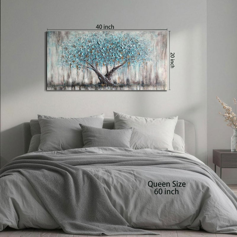 Arjun Tree of Life Wall Art Canvas for Living Room Blue Tree Nature Teal Painting, 50% Hand Painted Textured Picture Bedroom Panoramic Landscape Artwork Framed Home Office Decor 40"x20" - Image 3