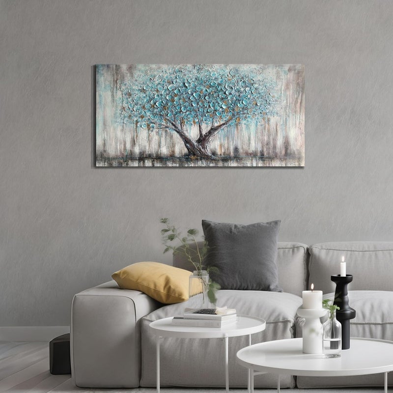Arjun Tree of Life Wall Art Canvas for Living Room Blue Tree Nature Teal Painting, 50% Hand Painted Textured Picture Bedroom Panoramic Landscape Artwork Framed Home Office Decor 40"x20" - Image 2