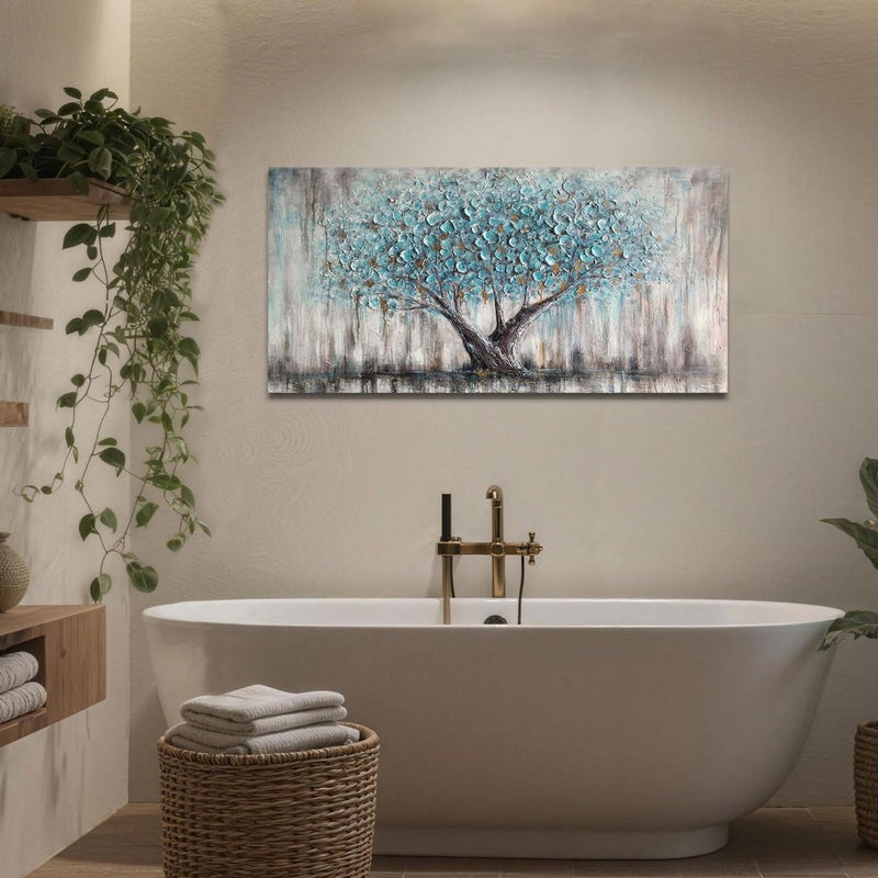 Arjun Tree of Life Wall Art Canvas for Living Room Blue Tree Nature Teal Painting, 50% Hand Painted Textured Picture Bedroom Panoramic Landscape Artwork Framed Home Office Decor 40"x20" - Image 5