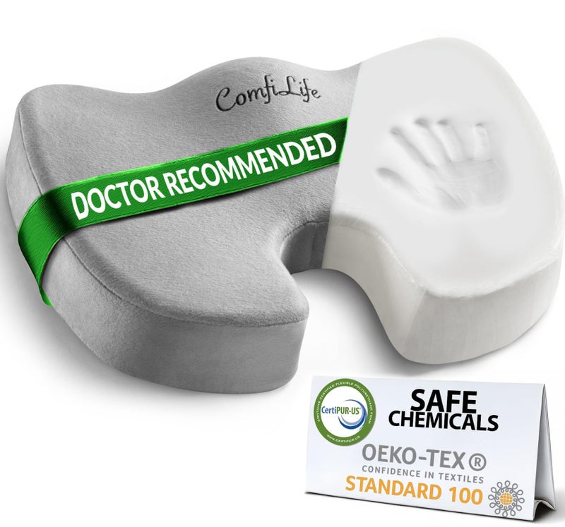 ComfiLife Premium Comfort Seat Cushion - Non-Slip Orthopedic 100% Memory Foam Coccyx Cushion for Tailbone Pain - Cushion for Office Chair Car Seat - Back Pain & Sciatica Relief (Gray) - Image 1