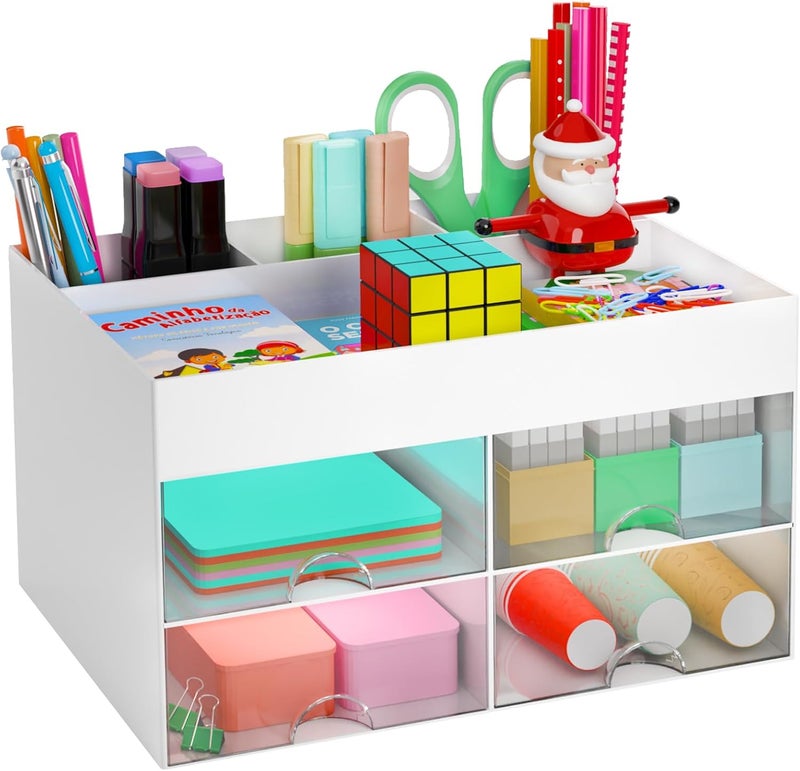 COMFYROOM Desk Organizer and Accessories with 4 Compartments and 4 Drawers, Plastic Makeup Organizer, Pen Holder for Desktop Storage, Desk Organization for School, Home, Office Supplies (White) - Image 1